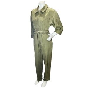👖🌿 HAPPY NATURE by Kate Hudson Olive Utility Denim Jumpsuit Belted Sz L (12/14)